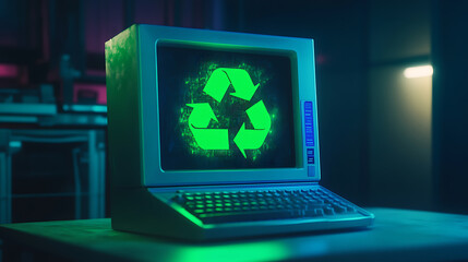 Leinwandbilder - An electronic waste concept featuring a desktop computer adorned with a bright green recycle symbol, symbolizing the importance of recycling and proper disposal of electronic devices