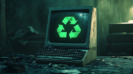 Leinwandbilder - An electronic waste concept featuring a desktop computer adorned with a bright green recycle symbol, symbolizing the importance of recycling and proper disposal of electronic devices