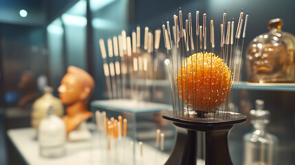 Poster - An organized display of various-sized acupuncture needles on a specialized stand, ready for use in traditional Chinese medicine therapy sessions