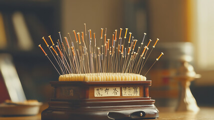 An organized display of various-sized acupuncture needles on a specialized stand, ready for use in traditional Chinese medicine therapy sessions