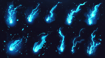 Fototapete - Cartoon lightning animation, Animated frames of electric strike, magic electricity hit and thunderbolt effect vector illustration set, Game asset collection of blue glowing storm bolts