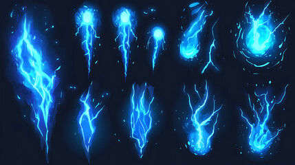 Poster - Cartoon lightning animation, Animated frames of electric strike, magic electricity hit and thunderbolt effect vector illustration set, Game asset collection of blue glowing storm bolts