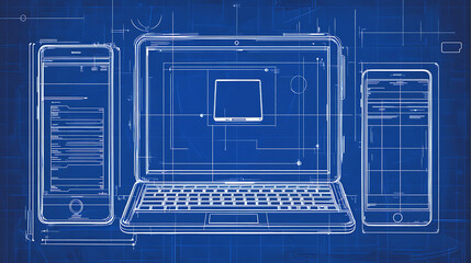 Fototapete - Blueprint concept artwork with Laptop, Tablet, mobile phones Editable EPS10 vector