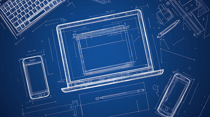 Poster - Blueprint concept artwork with Laptop, Tablet, mobile phones Editable EPS10 vector