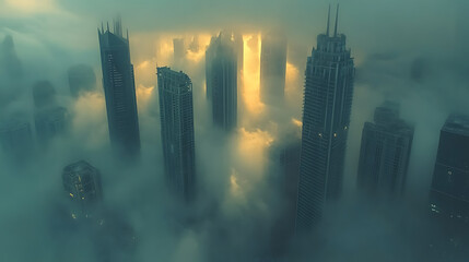 Wall Mural - Downtown Dubai with skyscrapers submerged in think fog, Picture taken from unique view, Tall buildings, Early morning glow