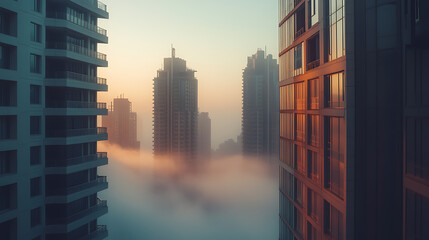 Wall Mural - Downtown Dubai with skyscrapers submerged in think fog, Picture taken from unique view, Tall buildings, Early morning glow