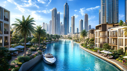 Wall Mural - DUBAI, UAE, The panorama with the new Canal and skyscrapers of Downtown