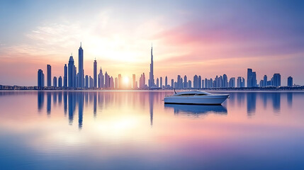Fototapete - Dubai city center, amazing city skyline with luxury skyscrapers at sunrise, United Arab Emirates