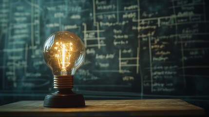 Poster - Glowing lamp as a symbol of scientific thought against the background of physical and mathematical formulas, Science and education background