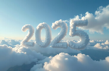 The number 2025 in the sky, the number is written with fluffy clouds, thick clouds below, the sky in the background