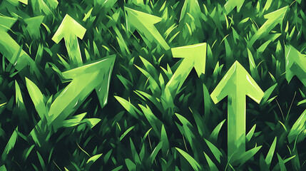 Poster - Illustration of upward-pointing arrows made of lush green grass, symbolizing eco-friendly progress, sustainable development, and positive environmental growth trends