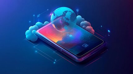 Leinwandbilder - Mobile global internet communications, World wide web on phone via wireless satellite network technology, Smartphone digital connection at clouds services of all earth, Holographic abstract interface