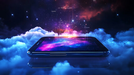 Leinwandbilder - Mobile global internet communications, World wide web on phone via wireless satellite network technology, Smartphone digital connection at clouds services of all earth, Holographic abstract interface