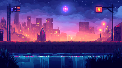 Aufkleber - Pixel art game background with button level up, Game design concept in retro style, Vector illustration, Game screen pixel