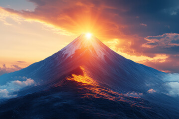 Wall Mural - a bright sunrise lighting up one side of a mountain while the other side remains in darkness shows t