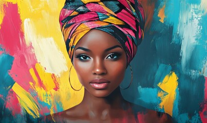 Wall Mural - Abstract painting concept. Colorful art portrait of a black woman with modern turban. African culture