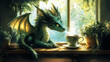 © YOAQ - Charming green dragon enjoying a cup of coffee by the window, perfect for wall art, posters, and magical decor in fantasy-themed spaces.