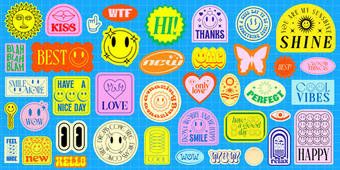 Aufkleber - Cool Groovy Patches Vector Set. Collection Of Y2k Stickers Pop Art Design.