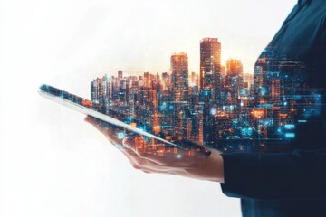 Businessman holding a tablet with a digital cityscape double exposure on a white background, a concept of modern business technology and urban life Generative AI
