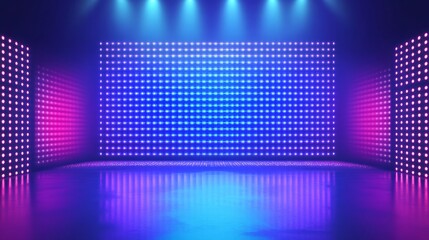 An illuminated LED screen on a futuristic stage backdrop.

