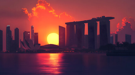 Wall Mural - Sunset of city skyline at business district, marina bay sands hotel at night, singapore