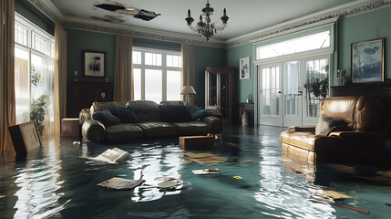 Poster - flooded house living room interior