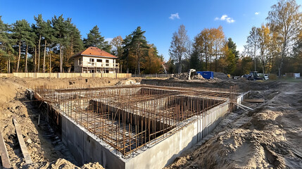 Wall Mural - monolithic reinforced concrete foundation at the construction site of a new house