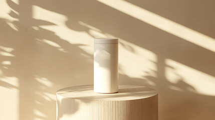 Leinwandbilder - shampoo bottle item photography, standing on a white cylinder, podium stage, light beige background, beautiful lighting and shadow from the window, a flat front shot, wood, minimalist style