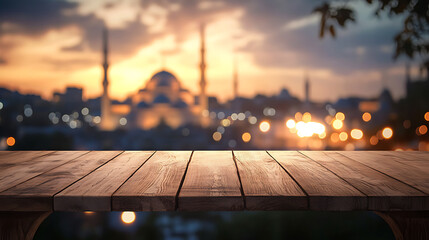 Poster - wooden table on a blurred background with a mosque and bokeh lights, Ramadan Kareem