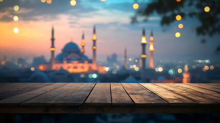Fototapete - wooden table on a blurred background with a mosque and bokeh lights, Ramadan Kareem