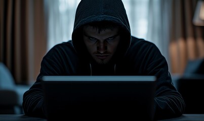 Hacker behind multiple fake bank accounts on a laptop screen, anonymous and untraceable, mule accounts, identity theft and fraud concept