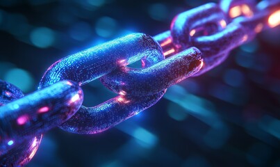 Neon blockchain links, futuristic financial connections, dark cyber technology backdrop
