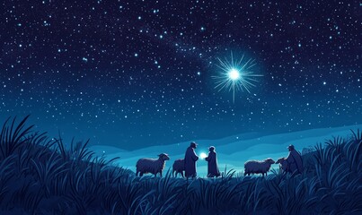 Wall Mural - illustration of shepherds in a peaceful night field under a starry sky, with a bright light symboliz
