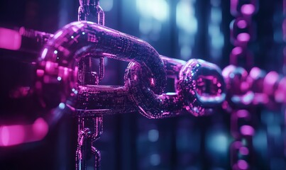 Neon blockchain links, futuristic financial connections, dark cyber technology backdrop
