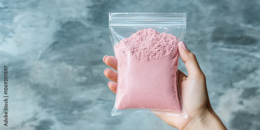 Pink Powder Narcotics Hand holding a clear ziplock bag of pink powder. Drug addiction ...