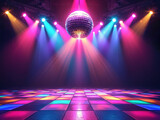Retro style 70s disco club background with groovy dance floor mirror ball hanging from ceiling and colorful spotlights