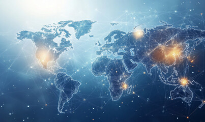 A light blue background with a digital world map and global network connections, representing the concept of international business or connectivity