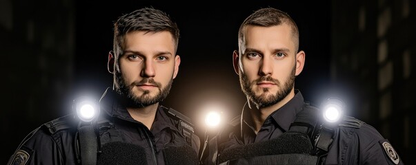 Two men pose in stylish dark clothing, illuminated by bright lights, highlighting intricate details in a dramatic urban setting.