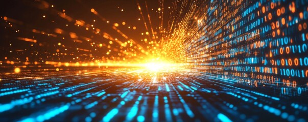 Abstract digital data stream with binary code and bright light burst, futuristic technology concept