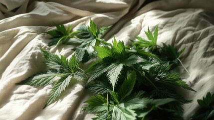 Wall Mural - Cannabis leaves on soft fabric in sunlit setting reflecting natural calmness