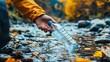 © petro - Volunteer picking up plastic bottle from polluted beach at sunset