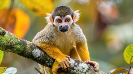 Wall Mural - A curious squirrel monkey with orange fur sits on a branch, looking directly at the camera.