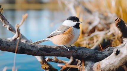 Wall Mural - A small black-capped chickadee perched on a branch with a blurred background of water and reeds.