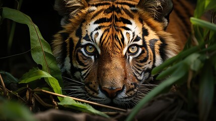 Wall Mural - Close-up portrait of a tiger's face in the jungle, looking directly at the camera.