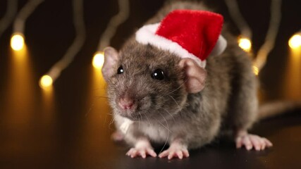 Wall Mural - Rat in red Santa hat close-up. Mouse isolated on black background. Pet and Festive blinking garland. Yellow blurred bokeh of burning bulbs. Holiday concept Christmas