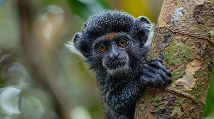 Wall Mural - A black and white monkey with orange eyes looks directly at the camera while holding onto a tree trunk.