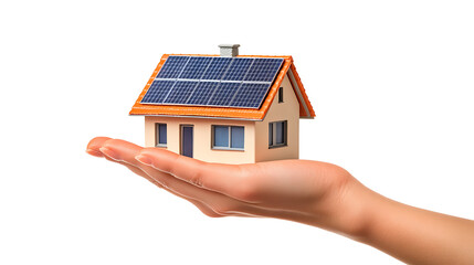 Leinwandbilder - A hand holding a model house equipped with solar panels, illustrating the concepts of ecology, sustainability, and energy efficiency, set against a white background