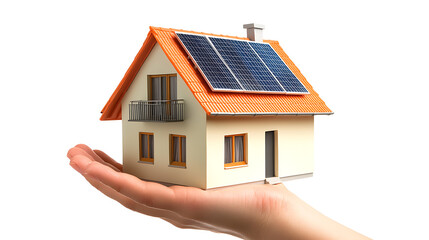 Leinwandbilder - A hand holding a model house equipped with solar panels, illustrating the concepts of ecology, sustainability, and energy efficiency, set against a white background