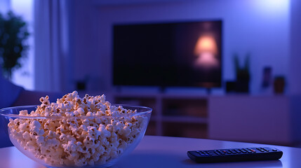 Poster - A glass bowl of popcorn and remote control in the background the TV works, Evening cozy watching a movie or TV series at home