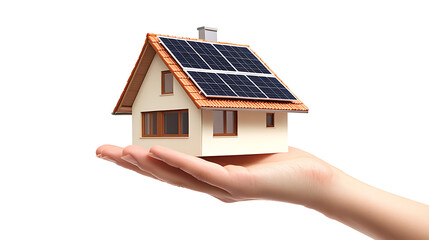 Poster - A hand holding a model house equipped with solar panels, illustrating the concepts of ecology, sustainability, and energy efficiency, set against a white background